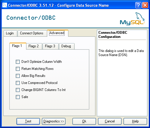 Connector/ODBC Connection Advanced
            Dialog