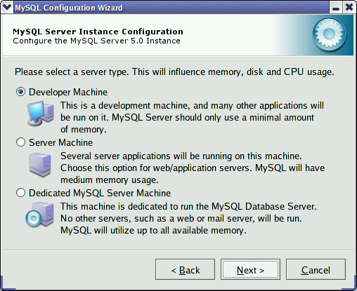 MySQL Server Configuration Wizard: Server
        Type