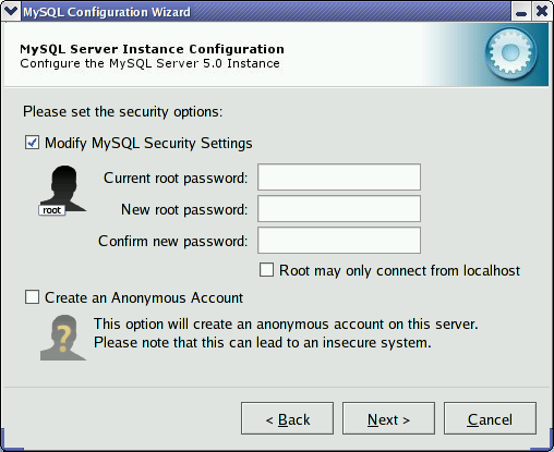 MySQL Server Configuration Wizard:
        Security